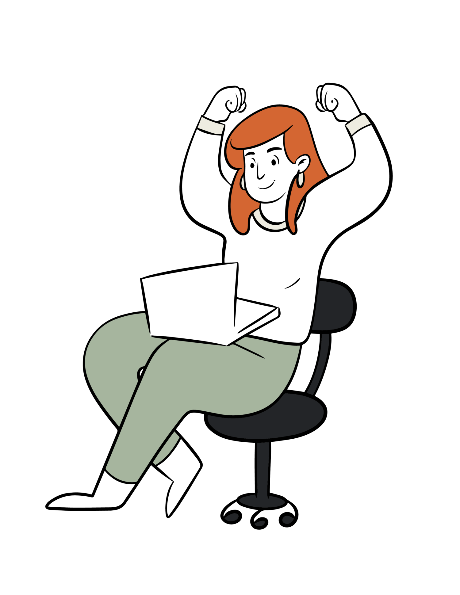 Une femme assise sur une chaise, les bras levés, faisant en toute confiance une présentation captivante sur le design à l’aide de Keynote.