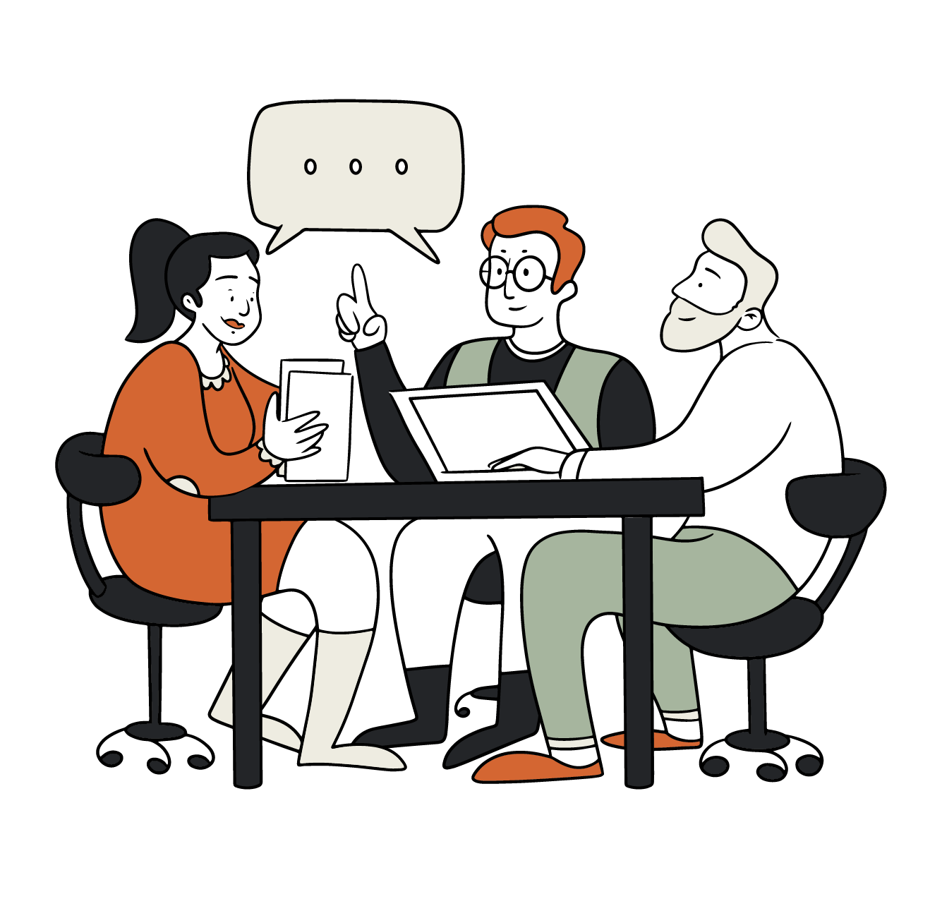 Un groupe de personnes engage une conversation animée autour d’une table.