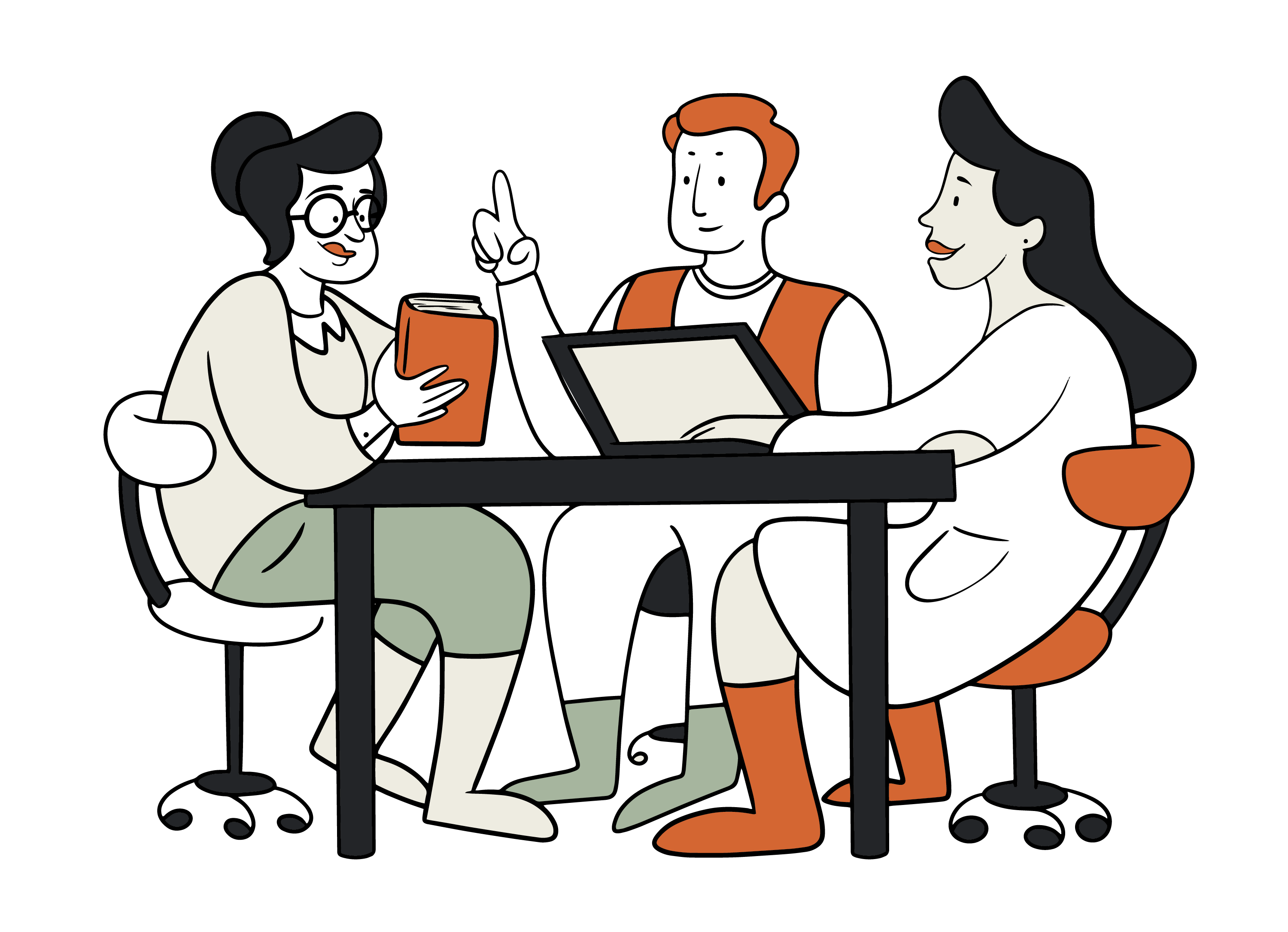 Trois personnes assises à une table avec un ordinateur portable. La Slide, design, notre équipe de designers expérimentés créera des slides attrayants qui captiveront votre public. Avec La Slide, une conférence ou