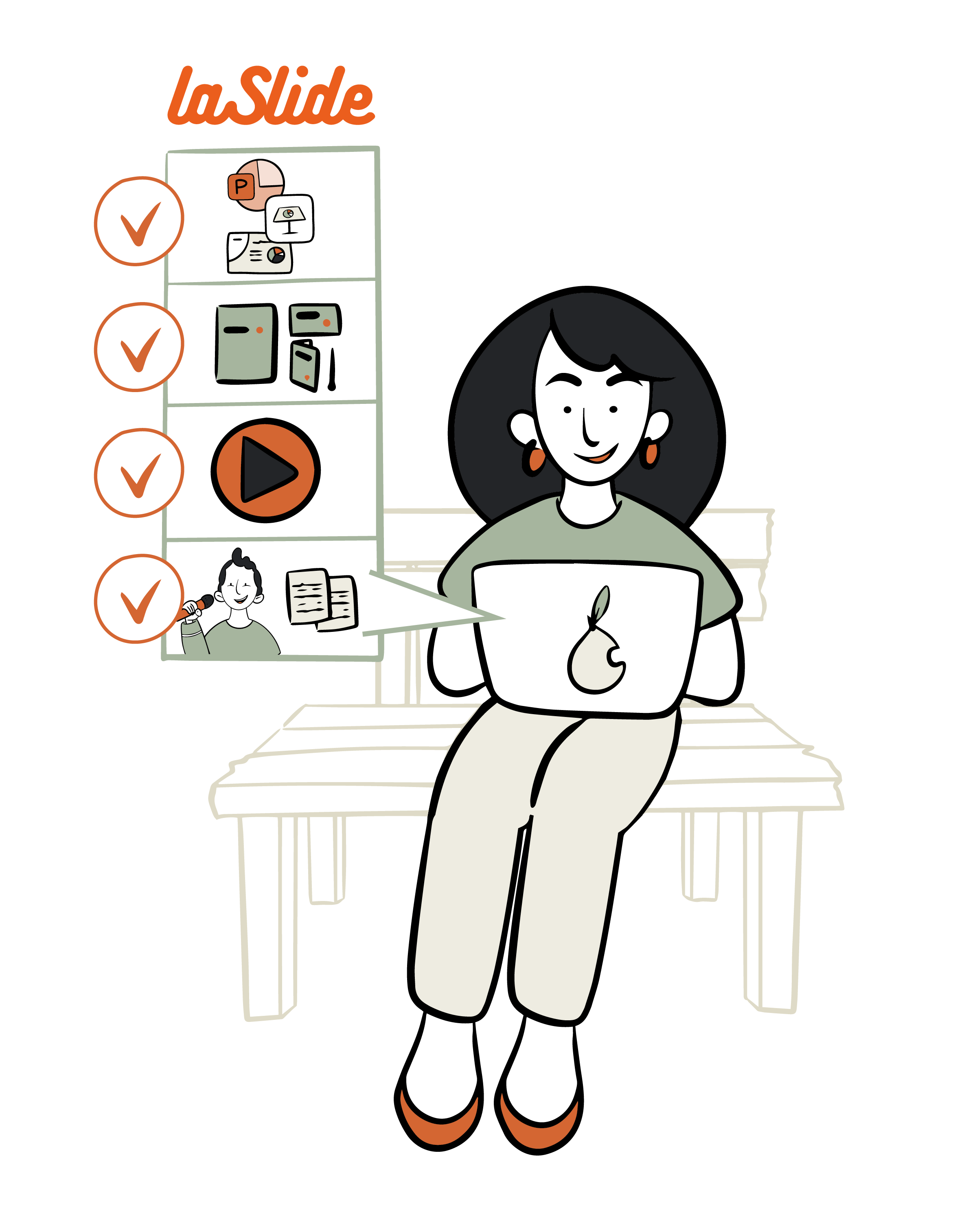 Illustration d'une femme assise sur un banc avec un ordinateur portable, style Accueil.